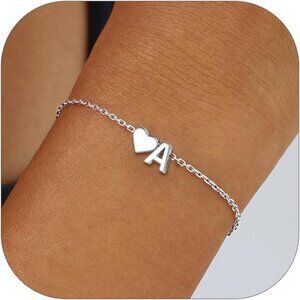 Sterling Silver Initial Heart Bracelet Womens Dainty Jewelry Fit 6.3-8.3in